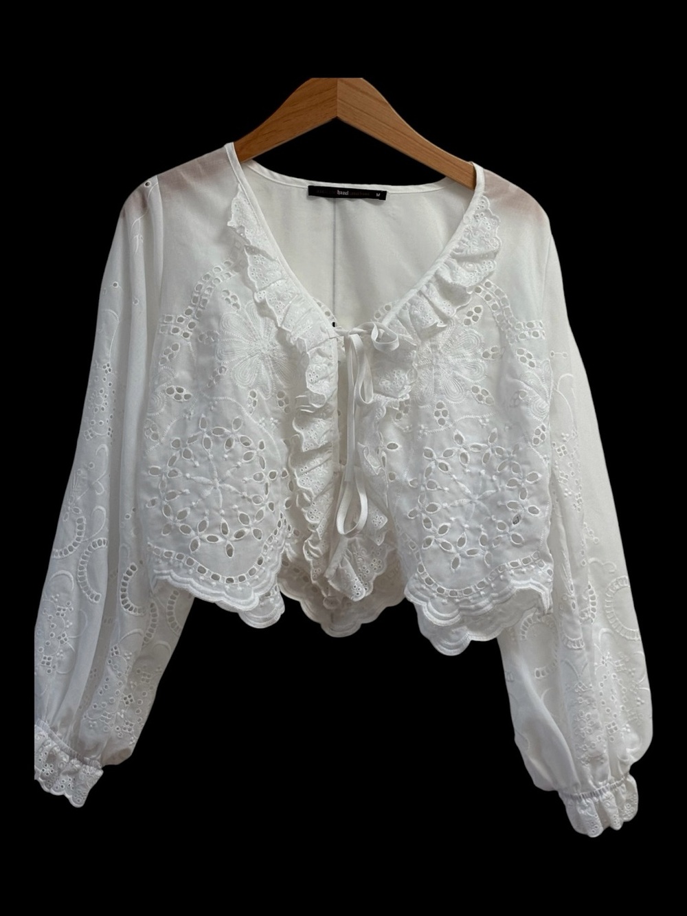 hazel White Eyelet Ruffle Tie-Front Blouse
